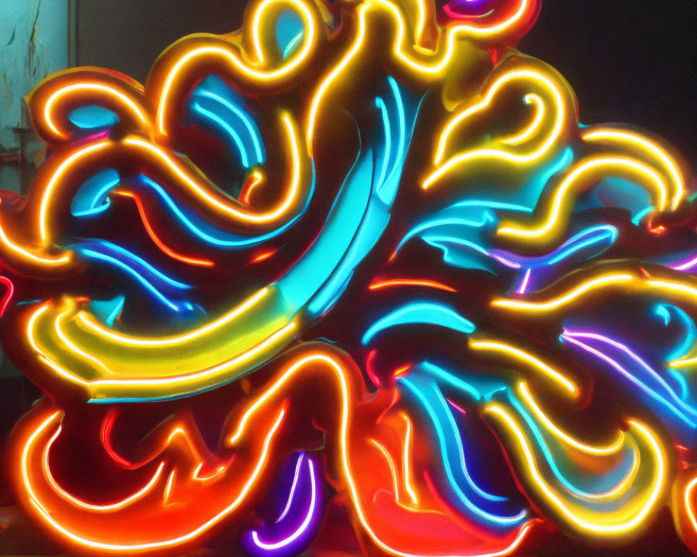 Colorful neon light display with wavy lines in abstract brain-like shape