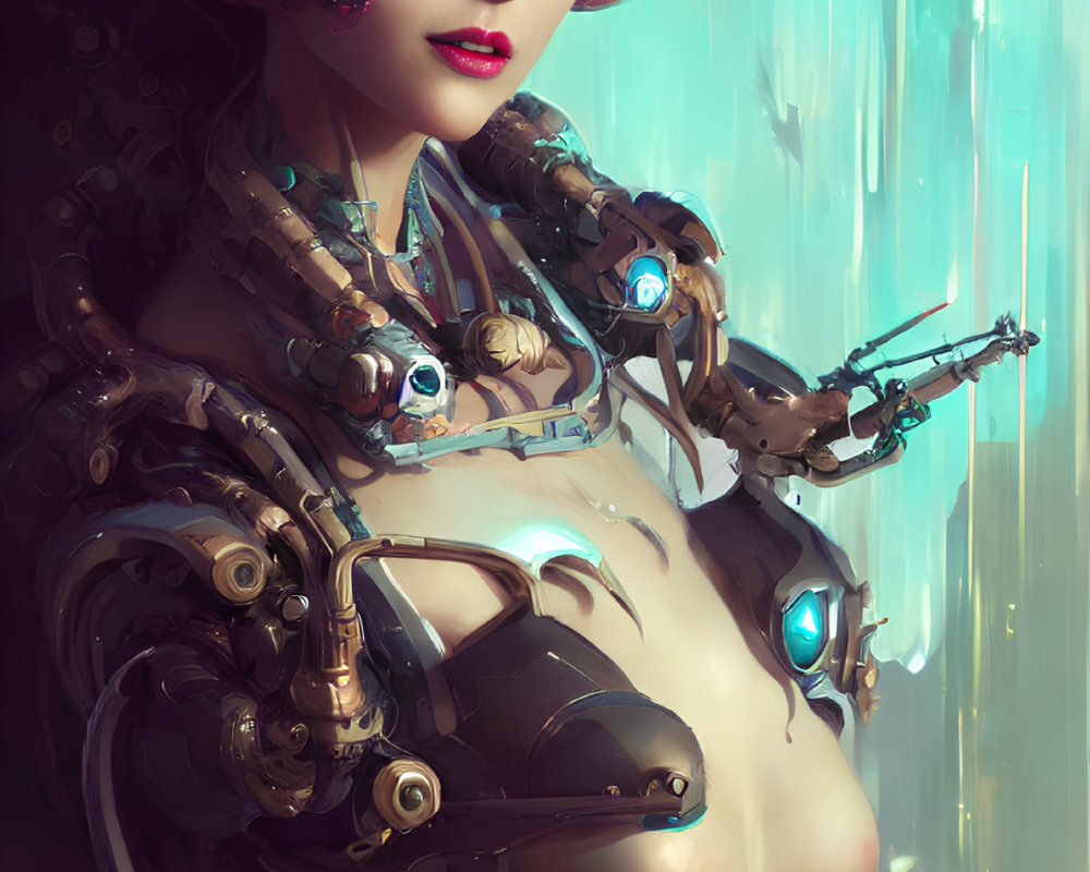 Female android with exposed mechanical parts and glowing blue eyes in digital backdrop