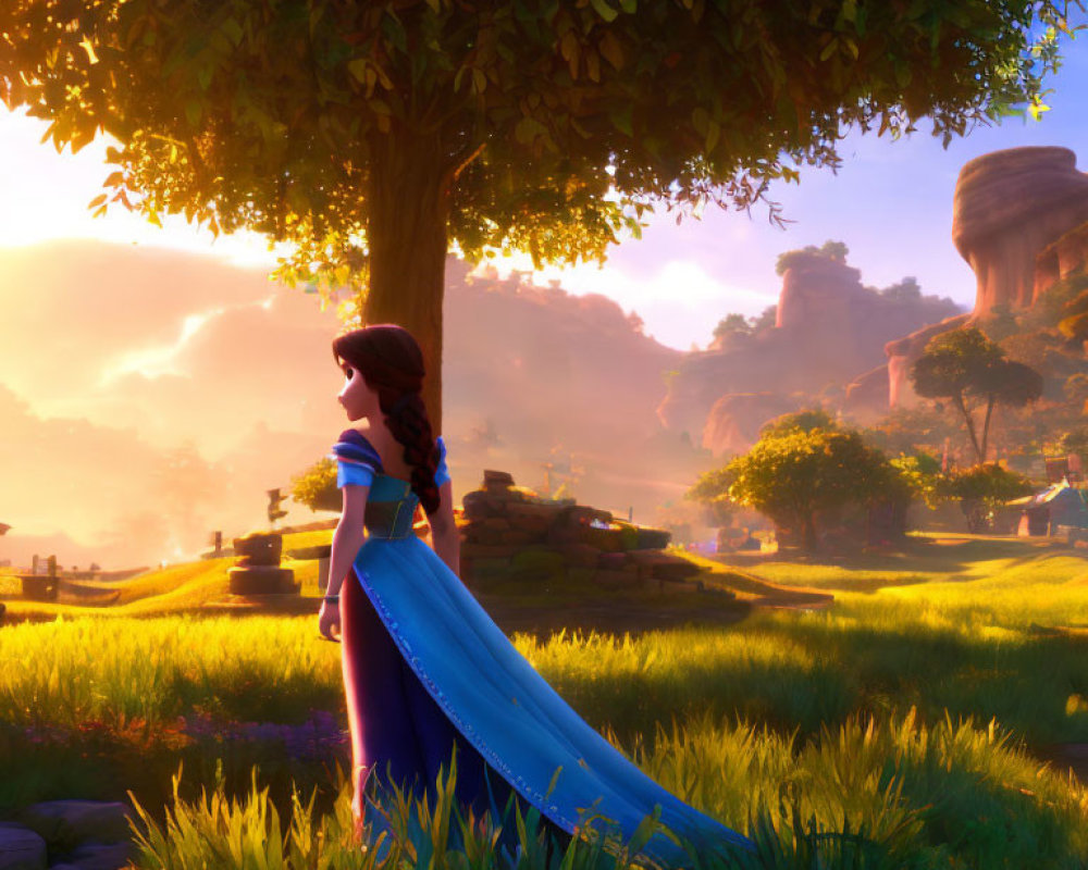 Blue-dressed princess in sunlit meadow gazes at distant castle