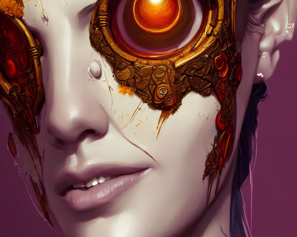 Detailed illustration of female with mechanical eye, gold accents, red lens, pink background, and yellow flowers