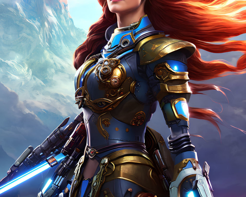 Red-haired female warrior in blue and gold armor with high-tech gauntlet.