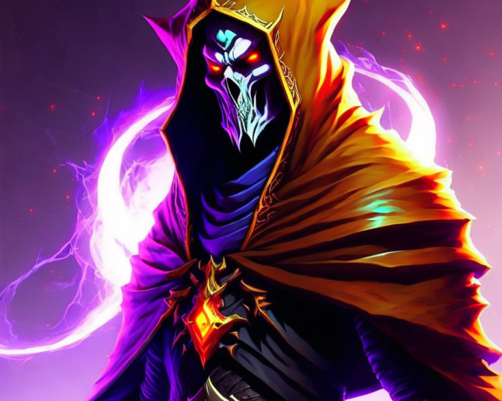 Dark Cloaked Figure with Glowing Eyes and Purple Aura Holding Orb