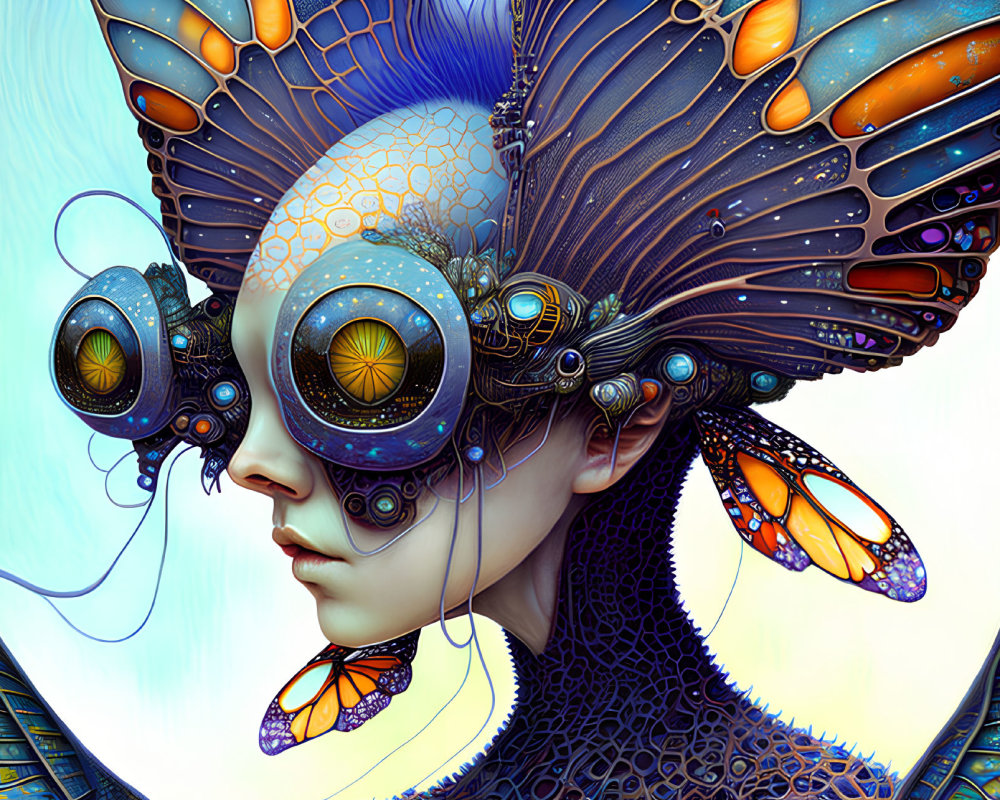 Surreal artwork featuring person with mechanical binocular eyes and butterfly wing headdress