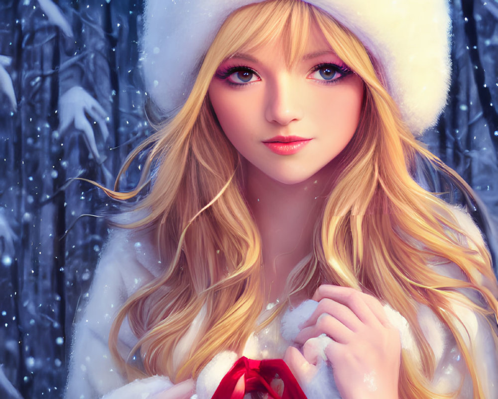 Blonde woman in bunny hat and coat on snowy background