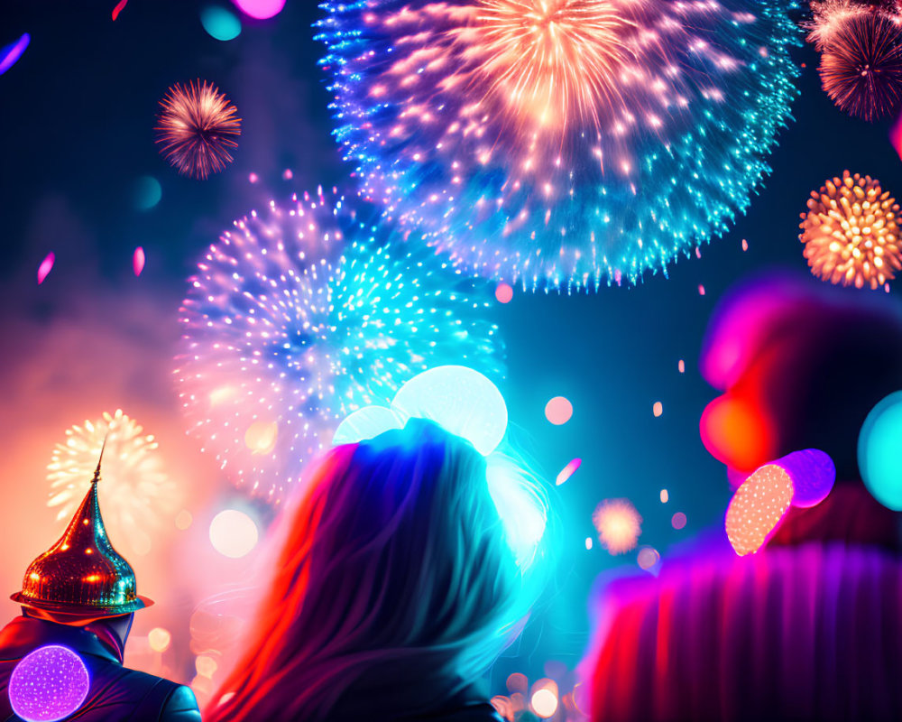 Colorful fireworks light up night sky with people in silhouette watching party.