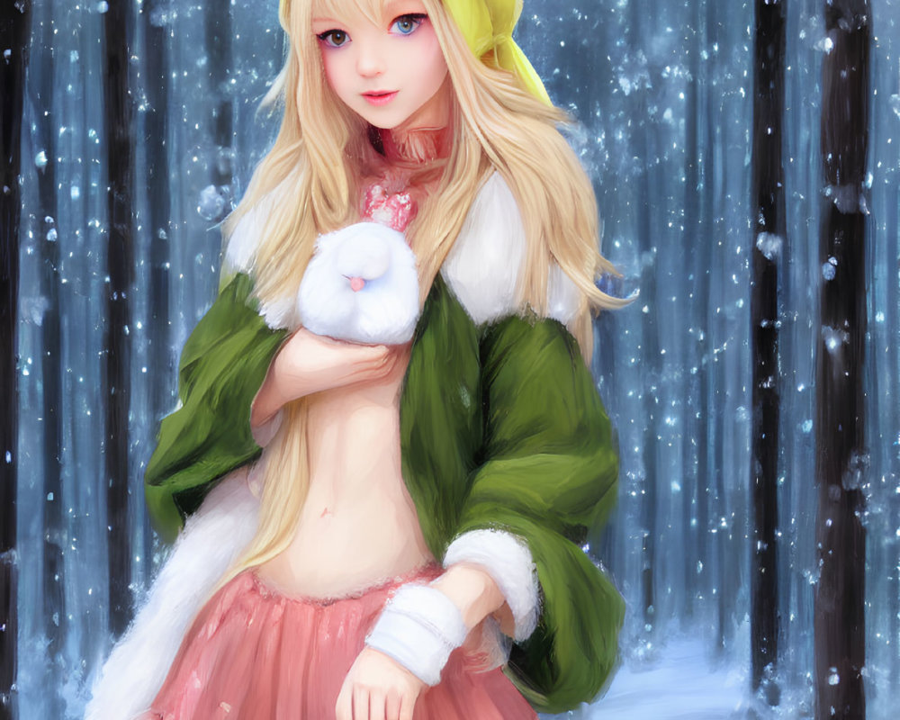 Blond anime girl with bunny ears holding rabbit in snowy forest