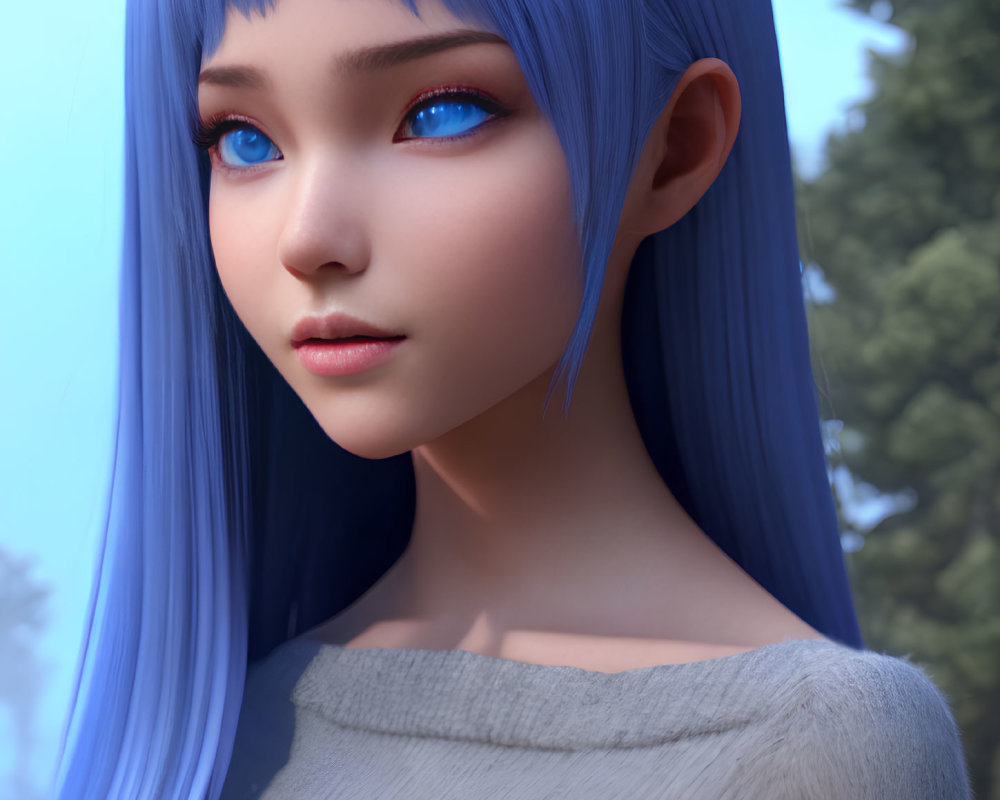 Digital artwork of female character with blue hair and eyes in gray top against misty forest.