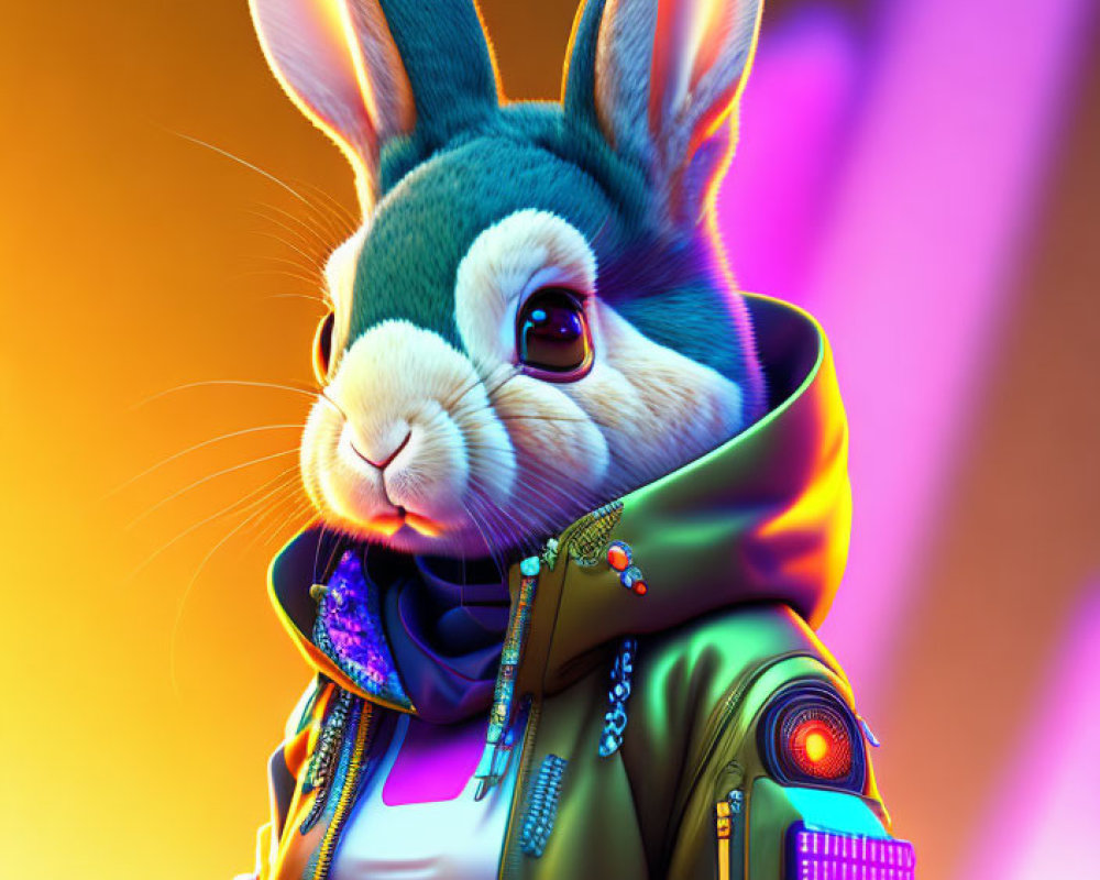 Detailed 3D anthropomorphic rabbit in modern attire on vibrant background