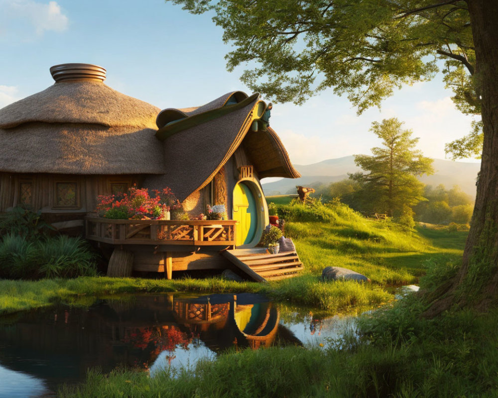 Thatched Cottage with Curved Door in Green Landscape