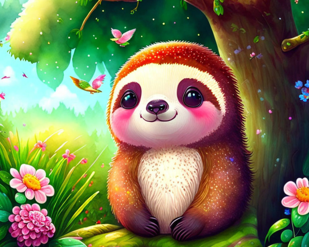 Illustrated sloth in vibrant forest with lush greenery and butterflies