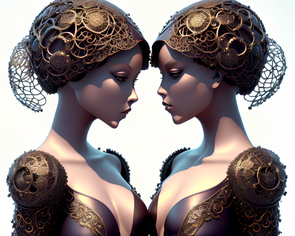 Symmetrical digital artwork of two women with ornate headdresses and shoulder embellishments