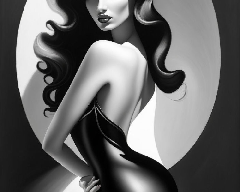 Monochromatic illustration of woman with flowing hair and suggestive pose