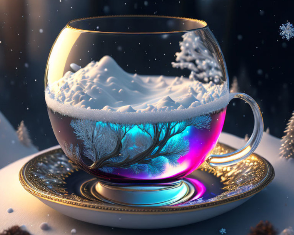 Glass Cup with Miniature Winter Scene on Decorative Saucer