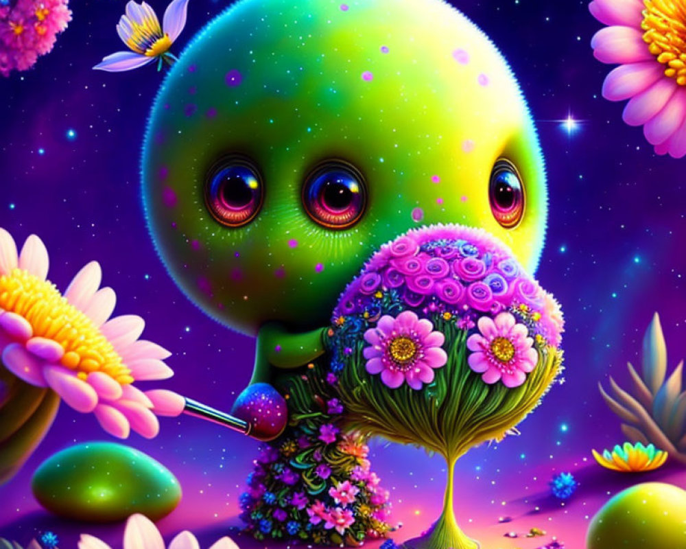 Colorful Alien Creature with Bouquet Among Vibrant Flowers