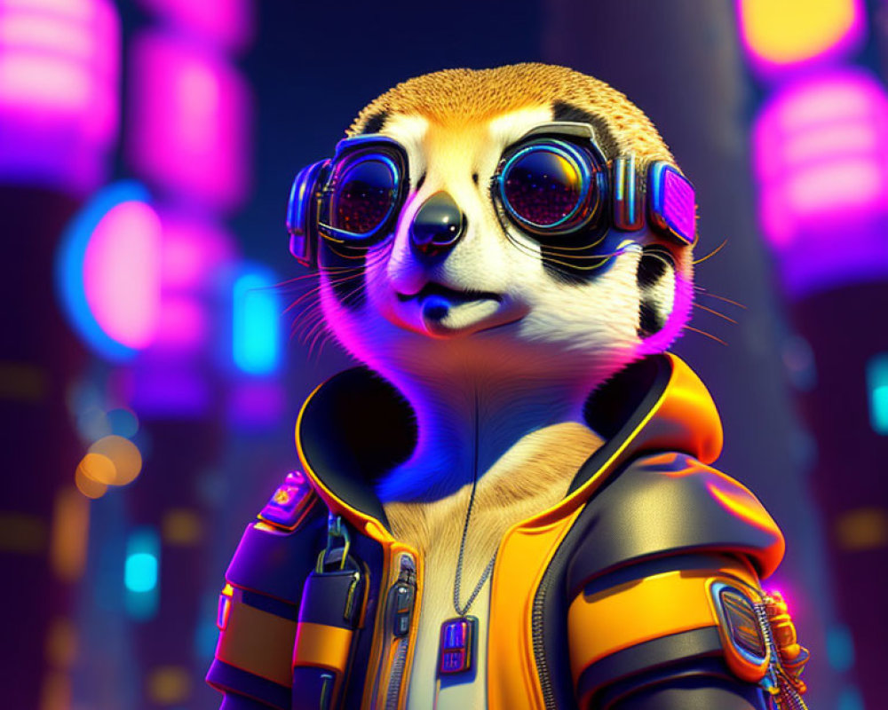 Anthropomorphic meerkat in futuristic attire against neon cityscape