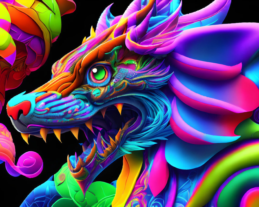 Colorful Dragon Artwork with Neon Hues on Dark Background