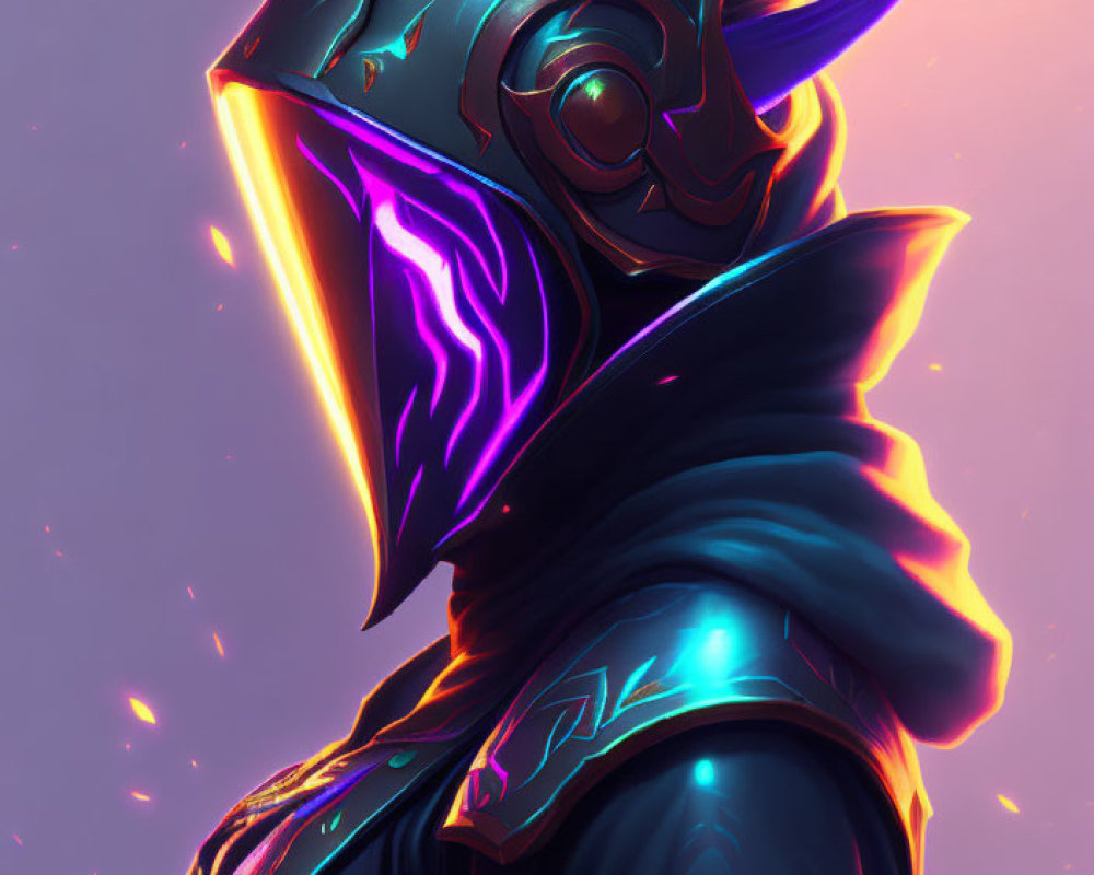 Futuristic armor character with neon accents on purple background