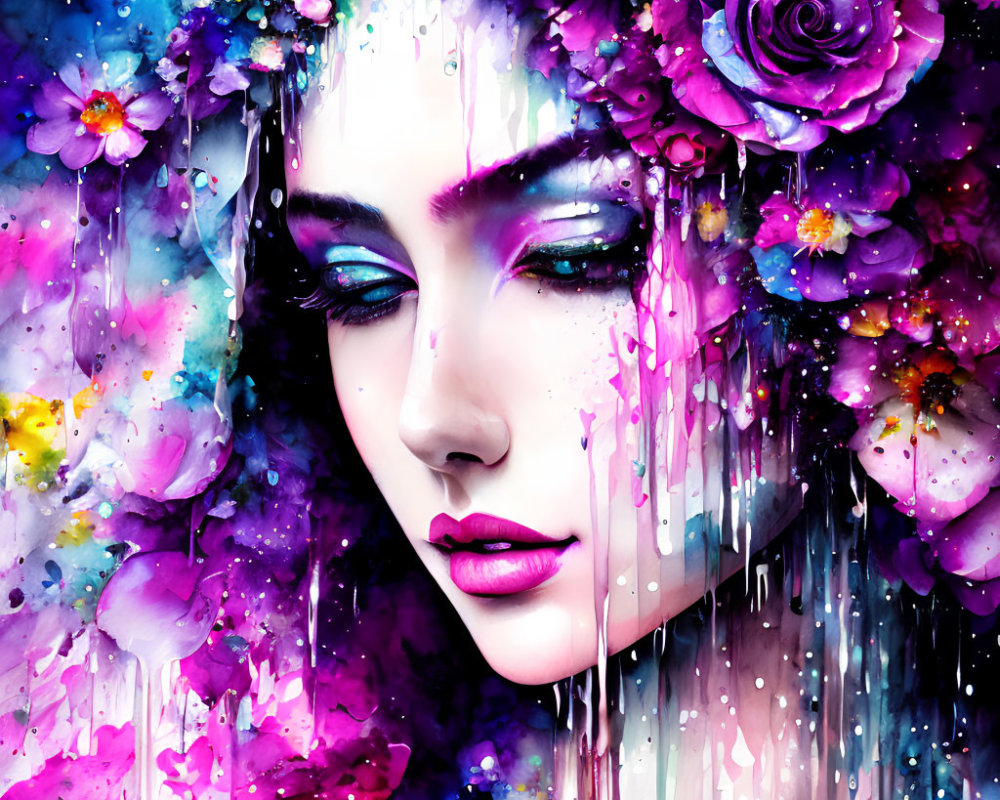 Colorful Flower Adorned Woman's Face Artwork with Dripping Paint Effects