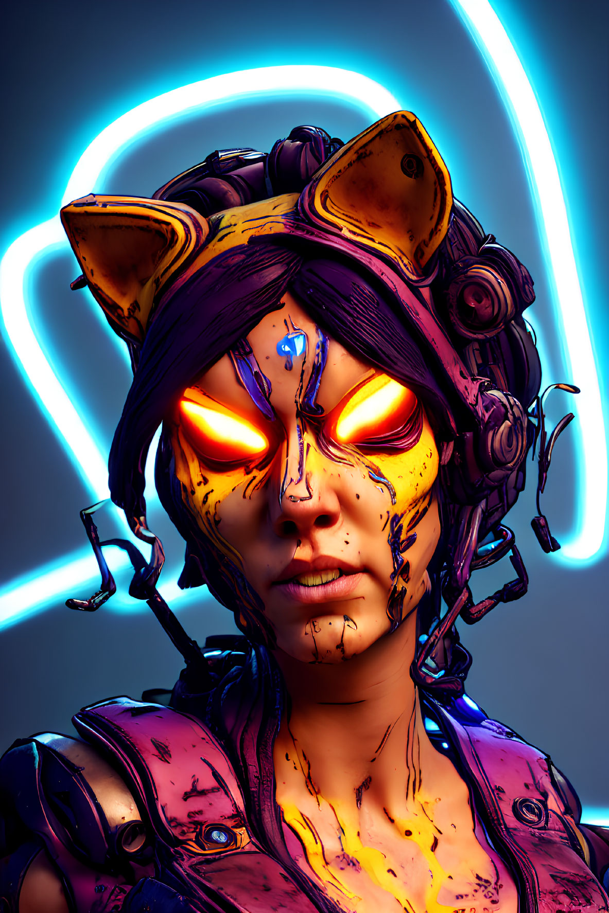 Stylized female character with cybernetic enhancements and glowing yellow eyes on neon blue background