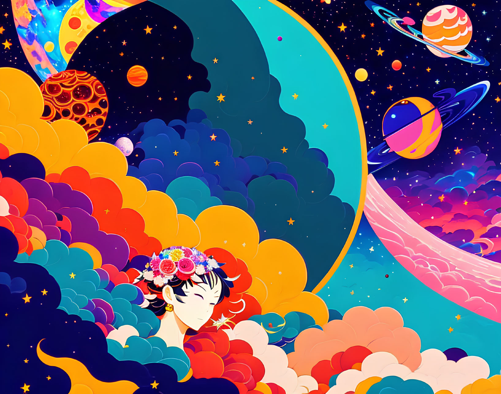 Colorful illustration: Person with floral crown on vibrant clouds, surrounded by whimsical cosmos with stars,