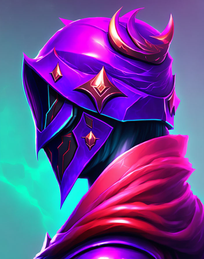 Colorful digital artwork: Character in purple helmet with red gems, horn-like adornments, and flowing