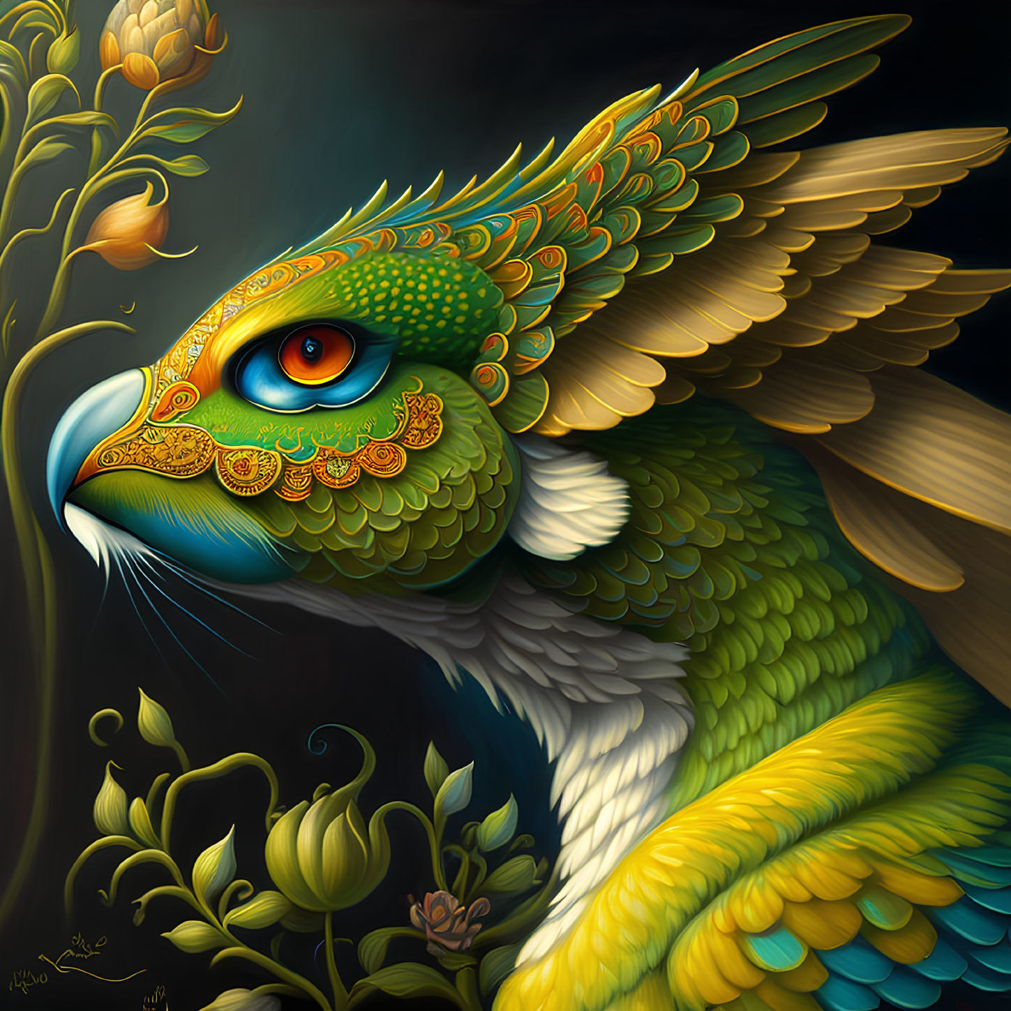 Detailed mythical bird creature with golden patterns, green feathers, and orange eye