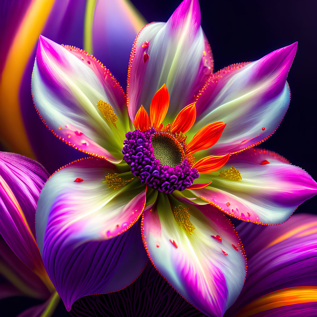 Colorful Digital Art: Vibrant Flower with Purple, Yellow, and Orange Petals on Dark Background