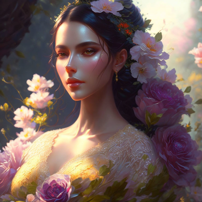 Portrait of Woman with Flowers in Hair and Soft Glow Amid Blooms