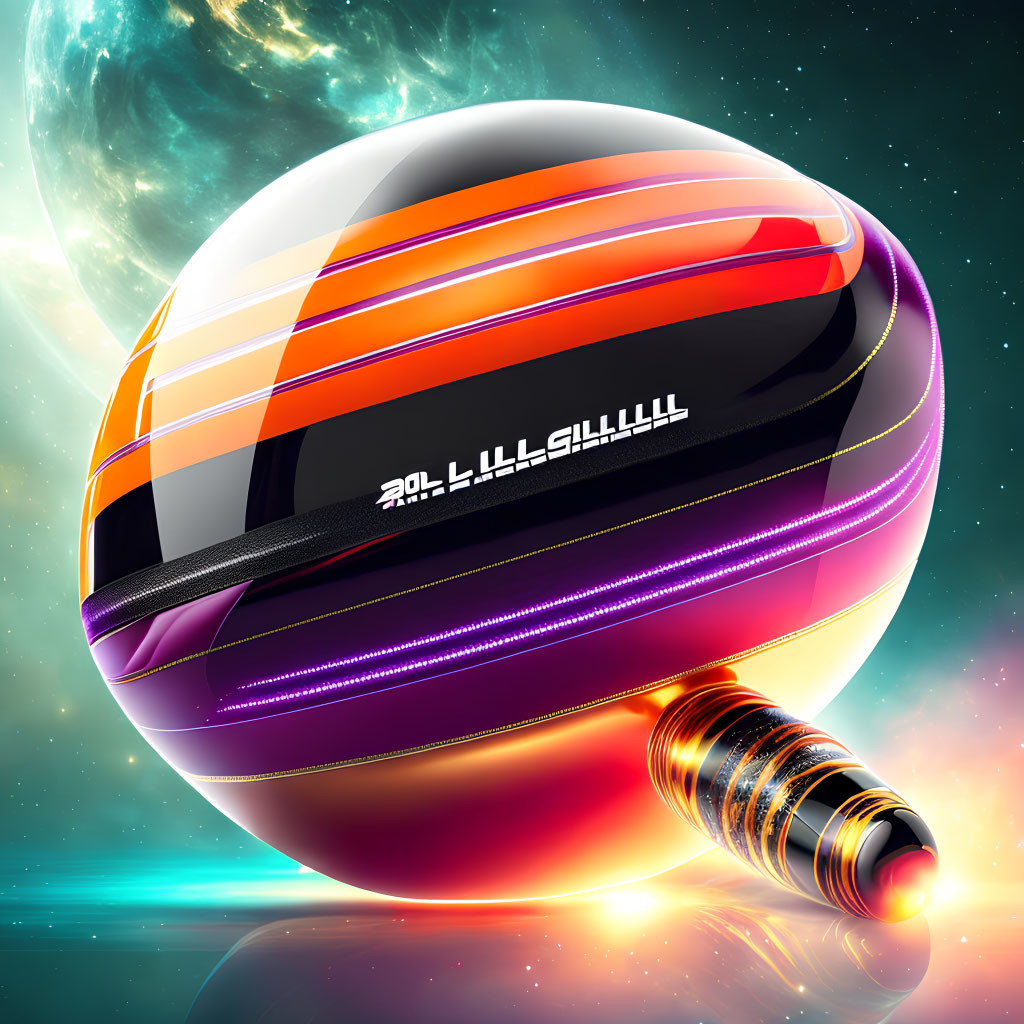 Futuristic spherical spaceship with orange, black, and purple stripes in vibrant celestial orbit