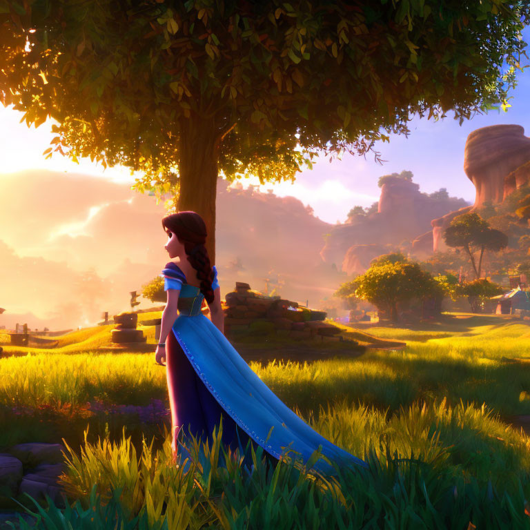 Blue-dressed princess in sunlit meadow gazes at distant castle