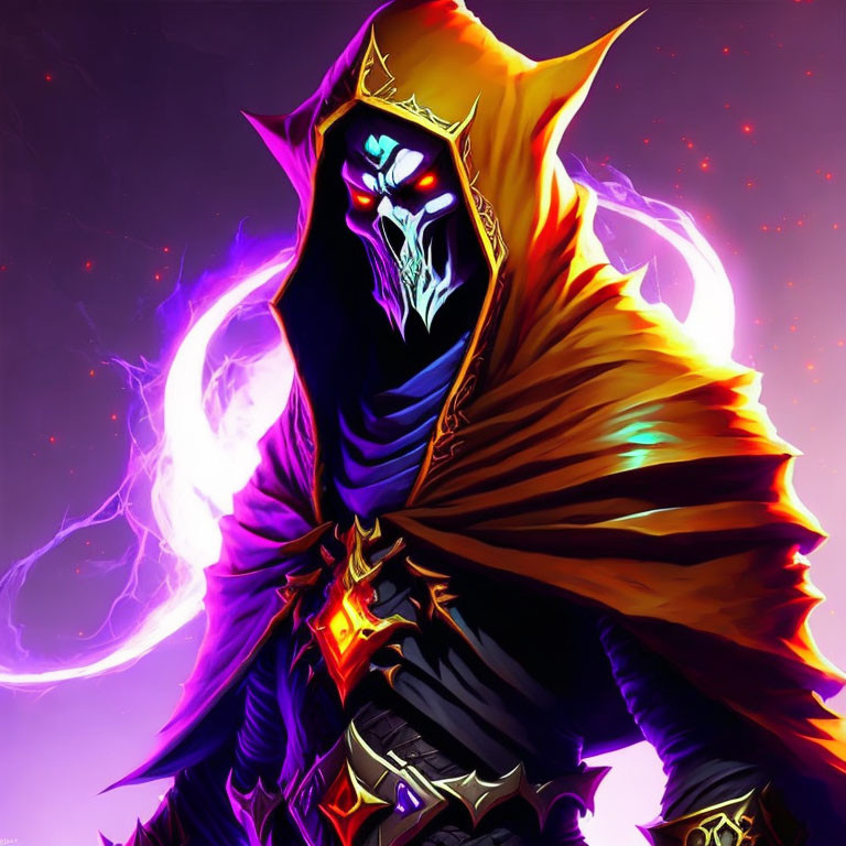 Dark Cloaked Figure with Glowing Eyes and Purple Aura Holding Orb