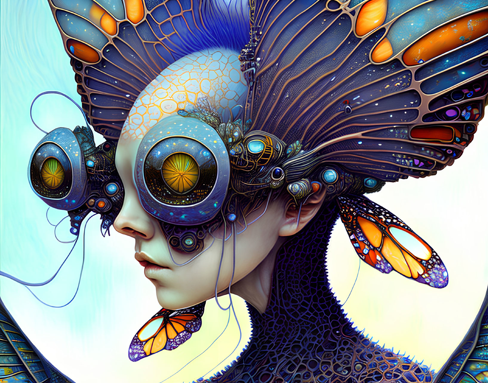 Surreal artwork featuring person with mechanical binocular eyes and butterfly wing headdress