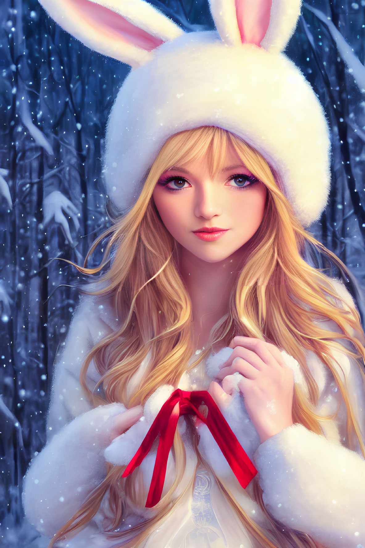 Blonde woman in bunny hat and coat on snowy background