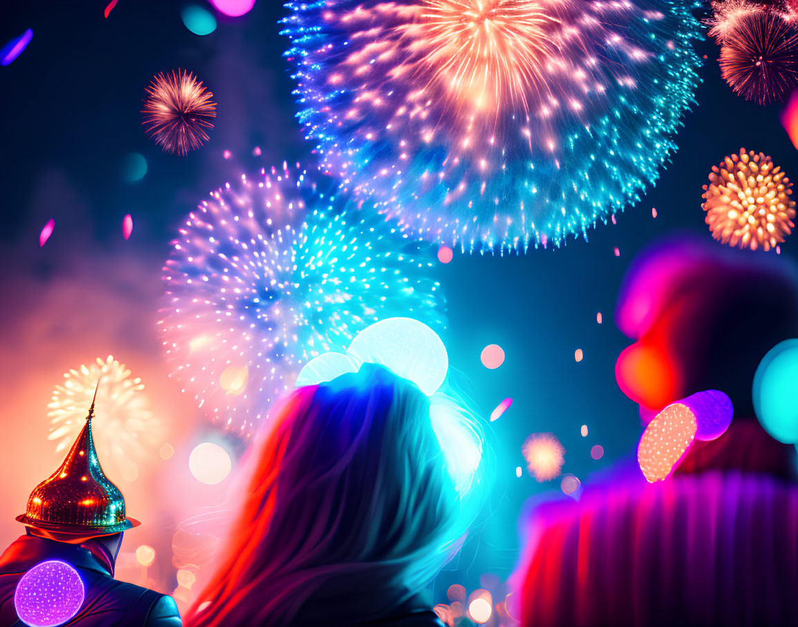 Colorful fireworks light up night sky with people in silhouette watching party.