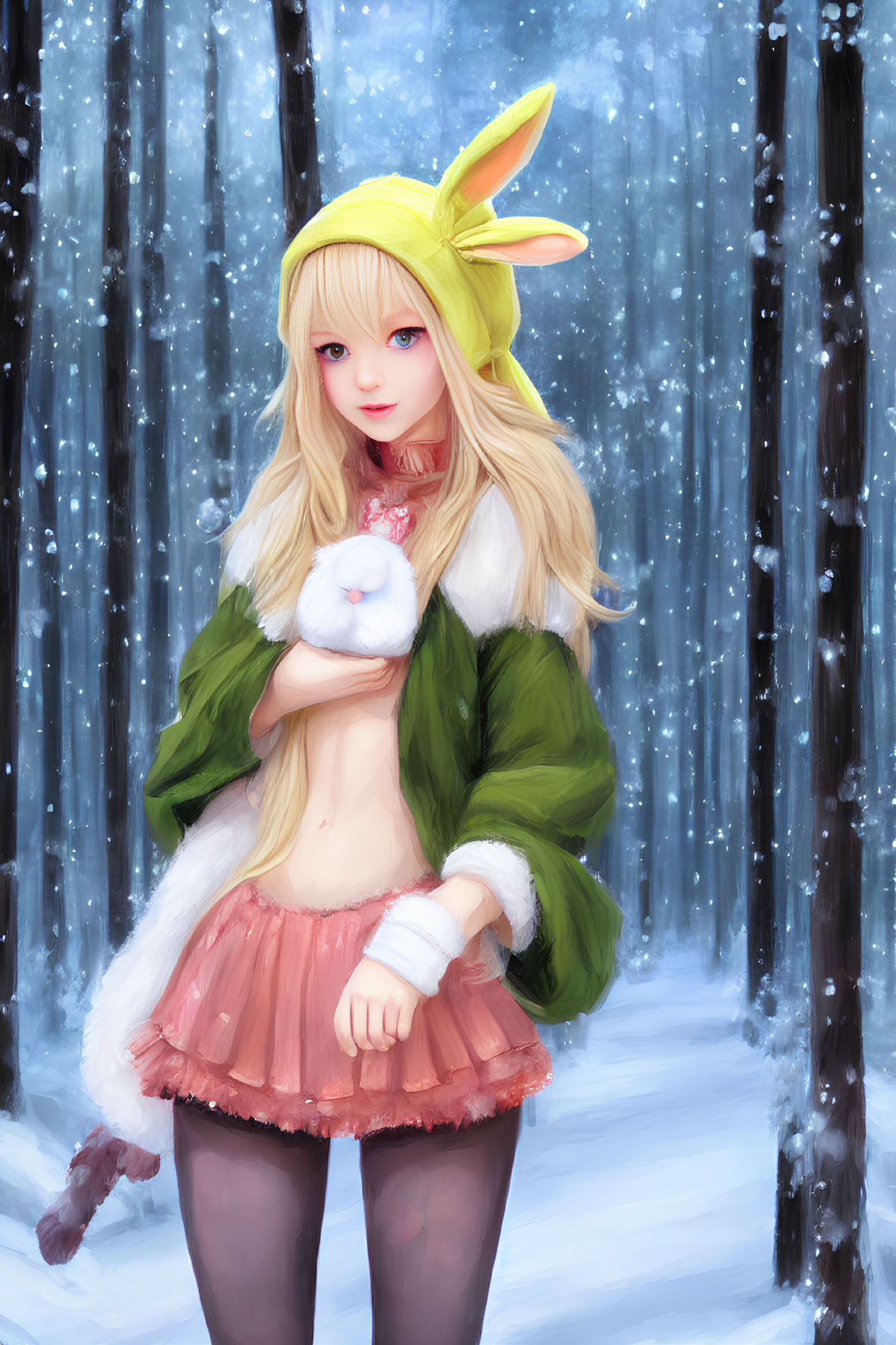 Blond anime girl with bunny ears holding rabbit in snowy forest