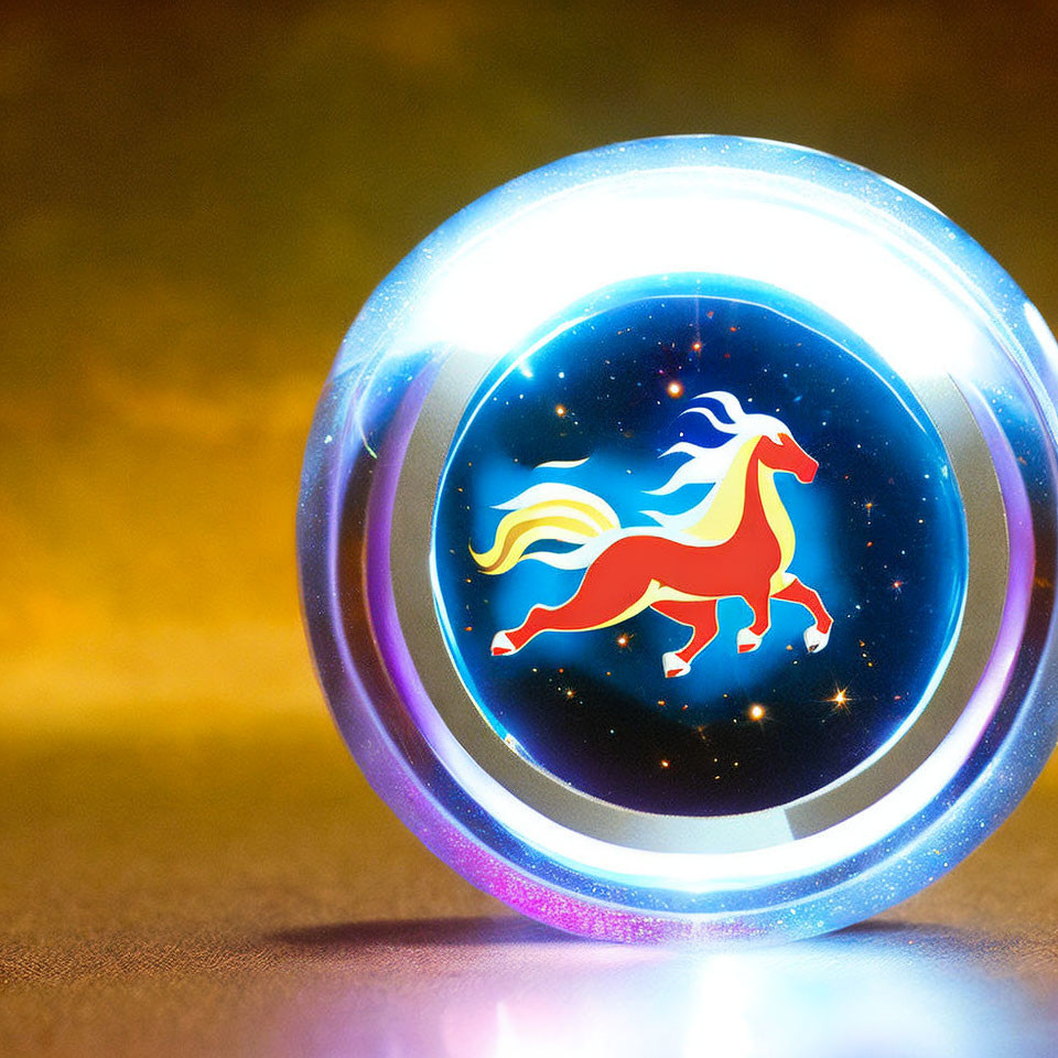 Stylized red horse on glowing orb, Sagittarius zodiac symbol, starry background.