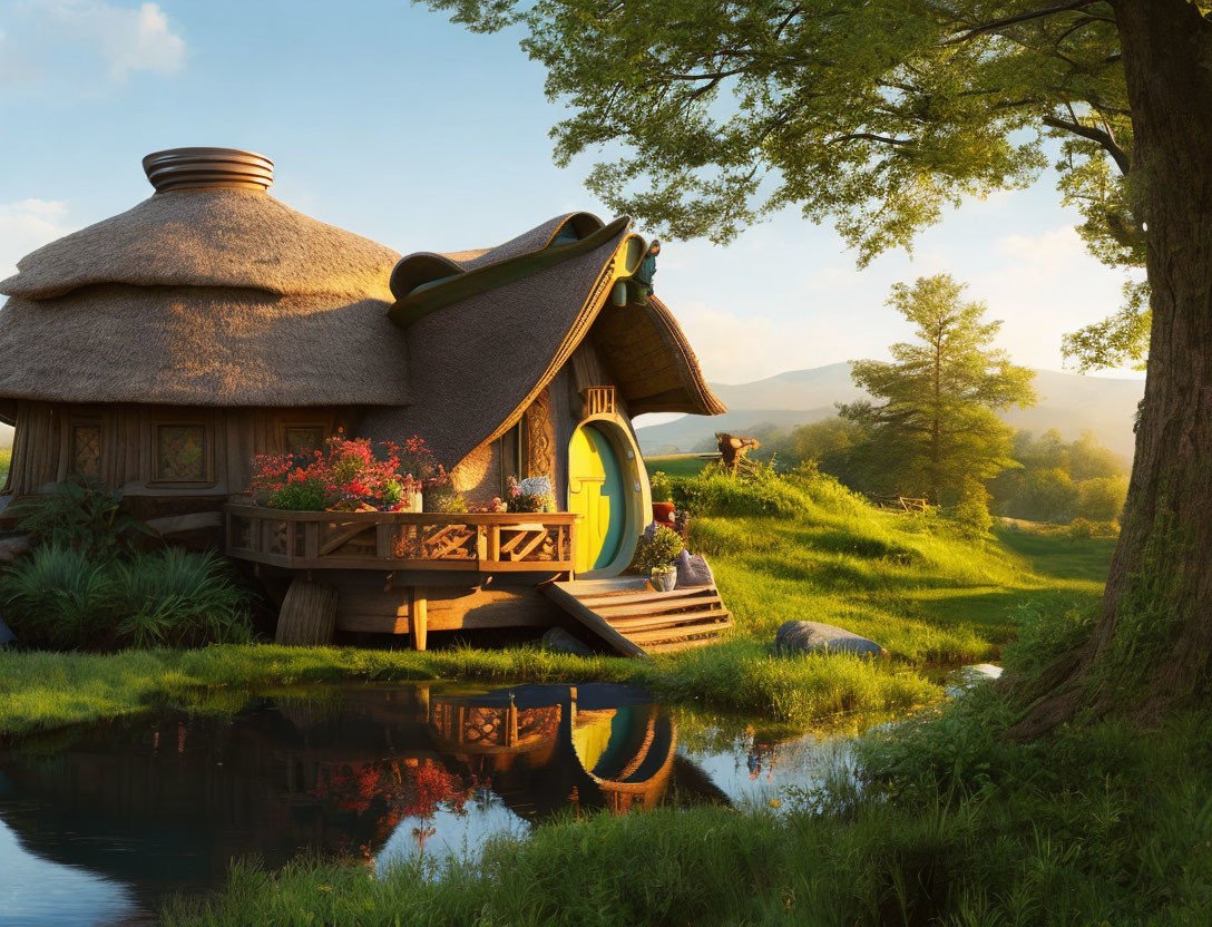 Thatched Cottage with Curved Door in Green Landscape