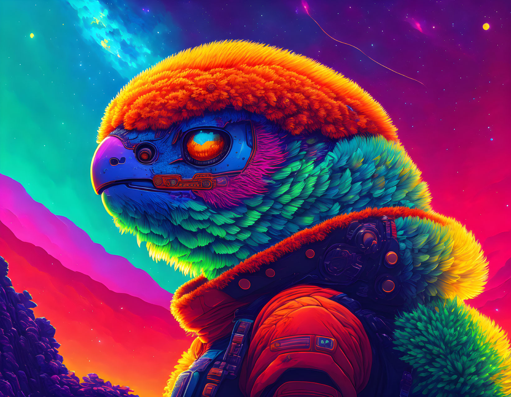 Colorful Avian Astronaut Artwork with Mechanical Eye in Space Suit