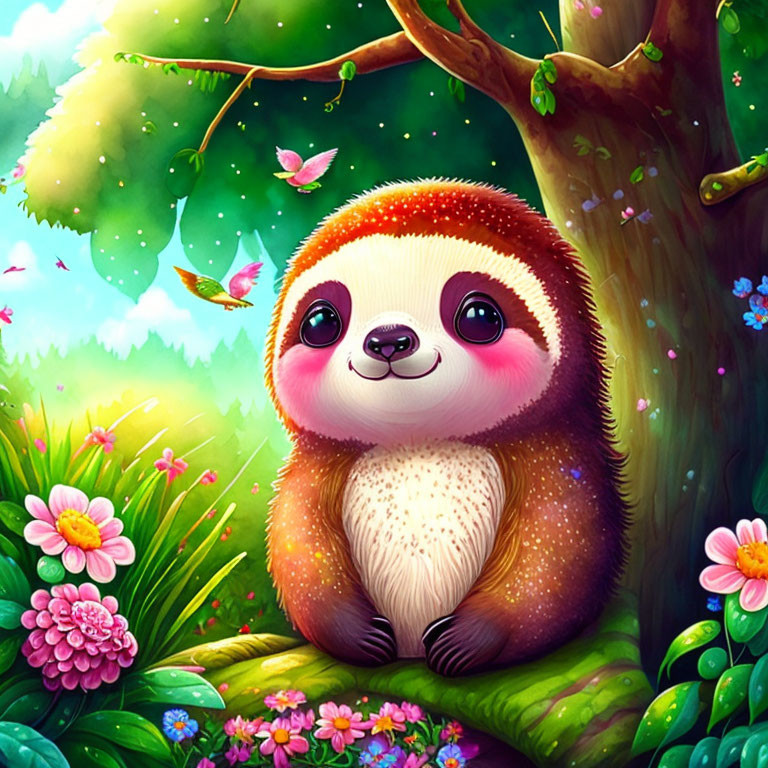 Illustrated sloth in vibrant forest with lush greenery and butterflies