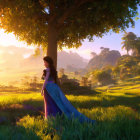 Blue-dressed princess in sunlit meadow gazes at distant castle