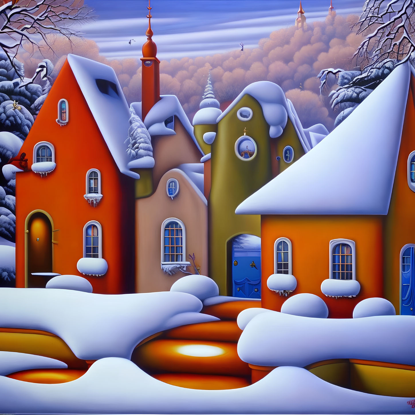 Colorful Snow-Covered Houses in Whimsical Winter Scene