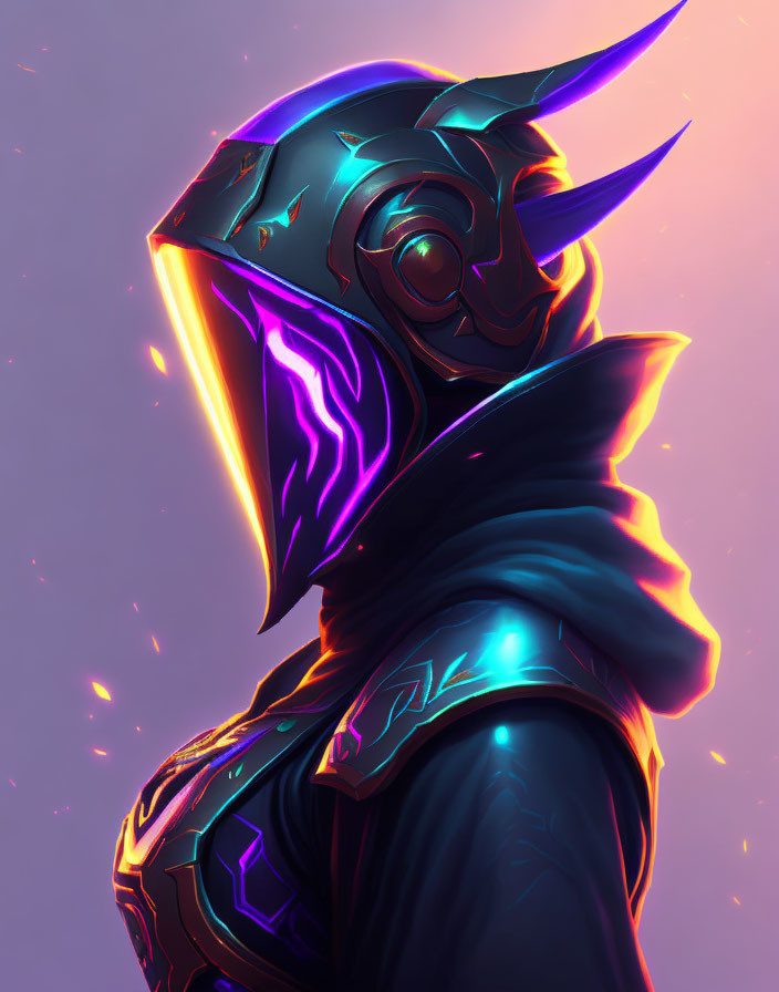 Futuristic armor character with neon accents on purple background