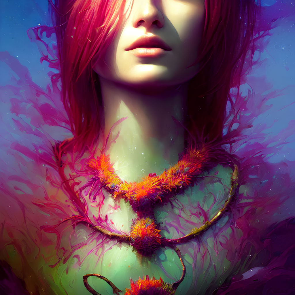 Colorful digital portrait with pink hair and floral necklace on surreal backdrop