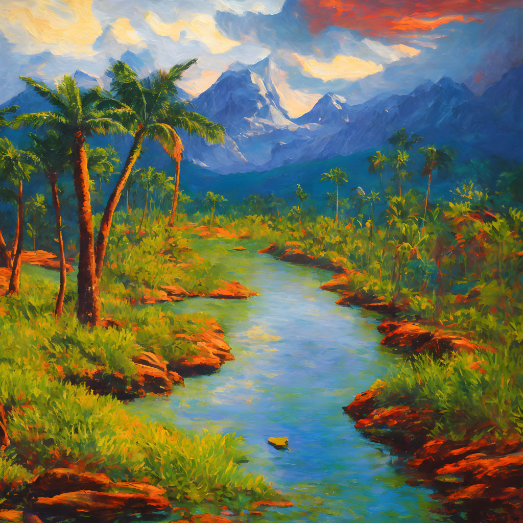 Tropical river landscape with lush trees and misty mountains