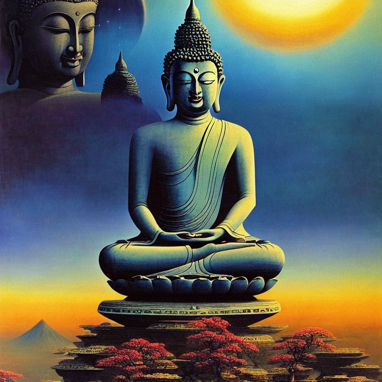 Seated Buddha meditating on lotus against sunset backdrop