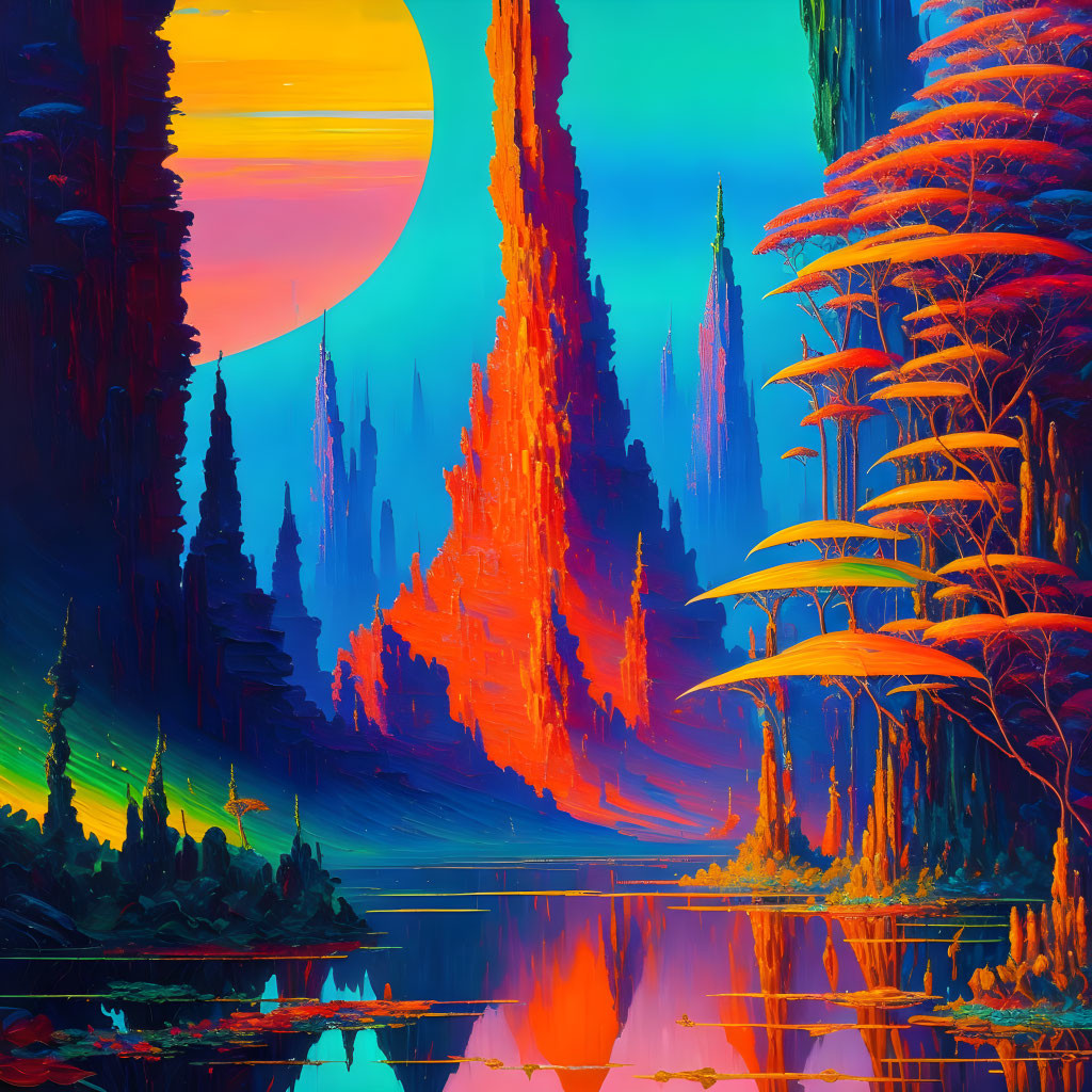 Colorful alien landscape with orange and purple spires, yellow sun, reflective water, and neon foliage