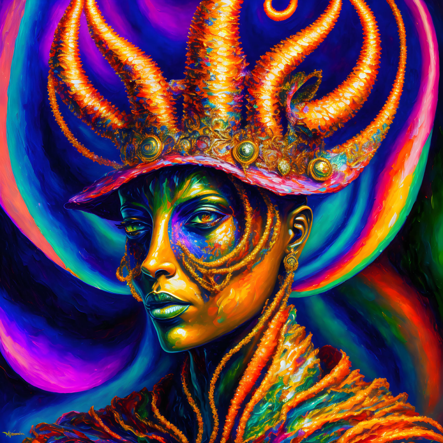 Colorful portrait of a person in elaborate hat with swirling blue, purple, and orange hues.