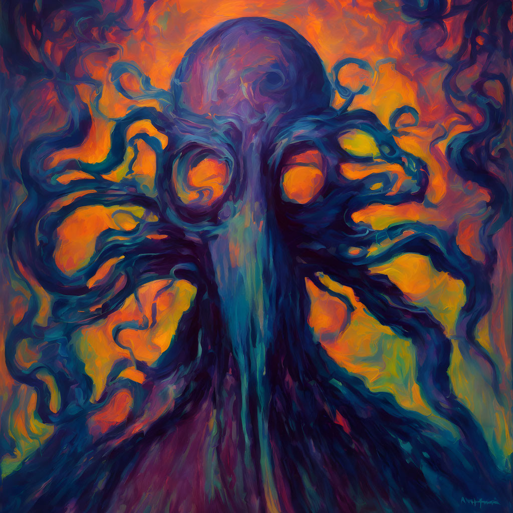 Vibrant abstract painting of octopus with swirling tentacles