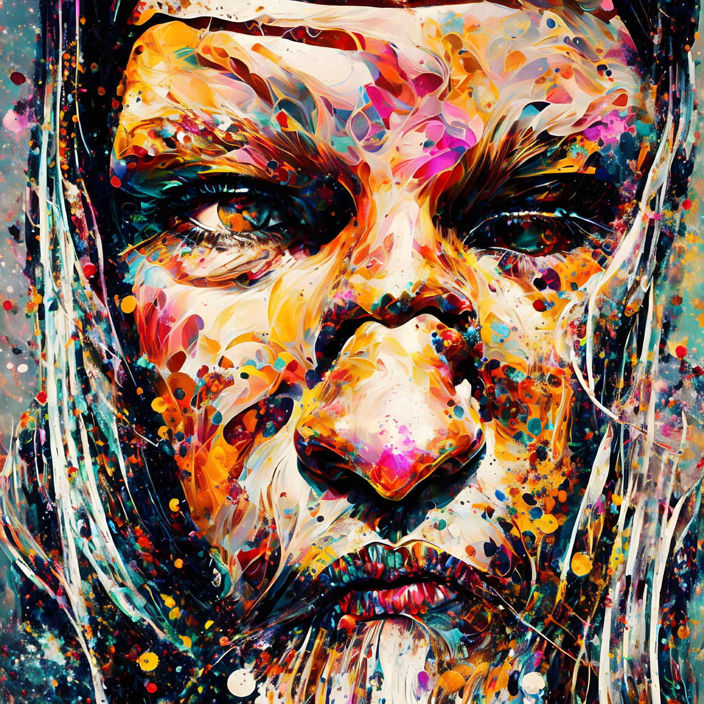 Colorful Abstract Lion Portrait with Splattered Paint Effects