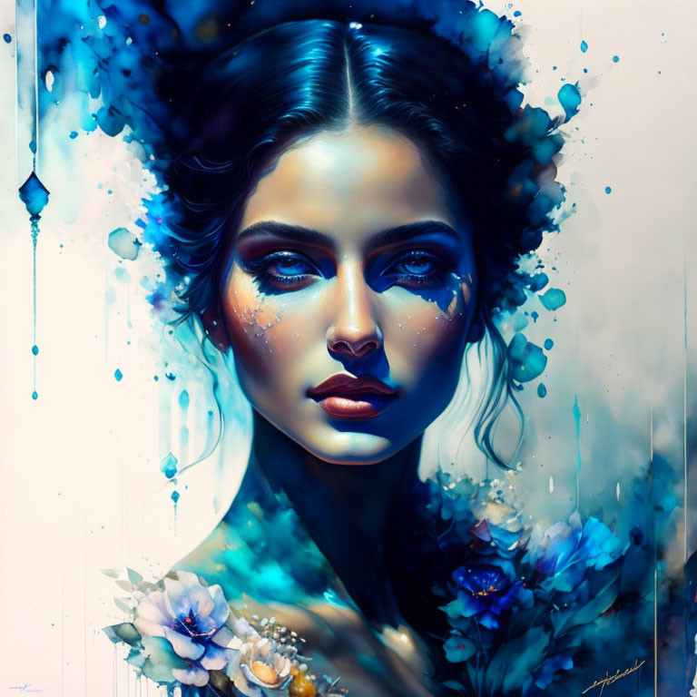 Stylized portrait of a woman in vibrant blue and white tones with floral elements.